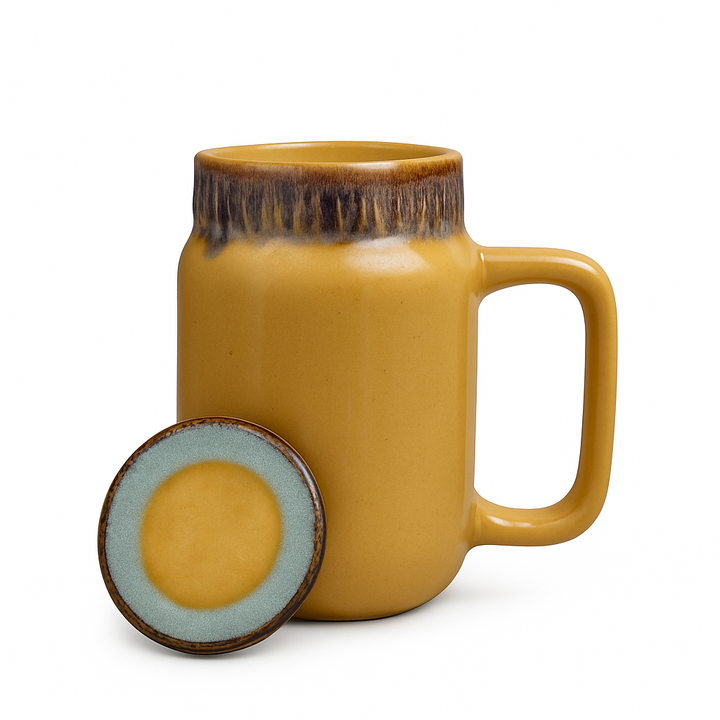 Premium Ceramic Coffee Mug with Lid | 350ml Mustard Yellow Stoneware Cup | Ceramic Lid for Heat Retention | Microwave & Dishwasher Safe