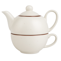 Premium Ceramic Stackable Teapot with Cup Set | Speckled Matte Beige with Brown Rim | Handcrafted Stoneware | Microwave & Dishwasher Safe