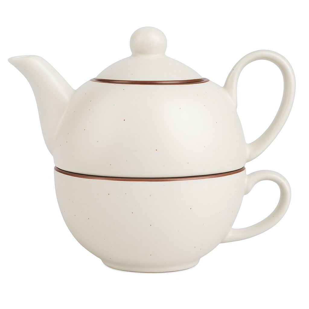 Premium Ceramic Stackable Teapot with Cup Set | Speckled Matte Beige with Brown Rim | Handcrafted Stoneware | Microwave & Dishwasher Safe