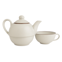Premium Ceramic Stackable Teapot with Cup Set | Speckled Matte Beige with Brown Rim | Handcrafted Stoneware | Microwave & Dishwasher Safe