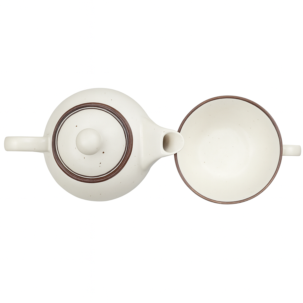 Premium Ceramic Stackable Teapot with Cup Set | Speckled Matte Beige with Brown Rim | Handcrafted Stoneware | Microwave & Dishwasher Safe