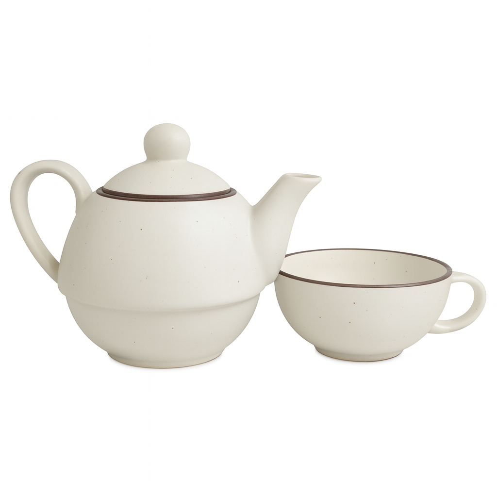 Premium Ceramic Stackable Teapot with Cup Set | Speckled Matte Beige with Brown Rim | Handcrafted Stoneware | Microwave & Dishwasher Safe