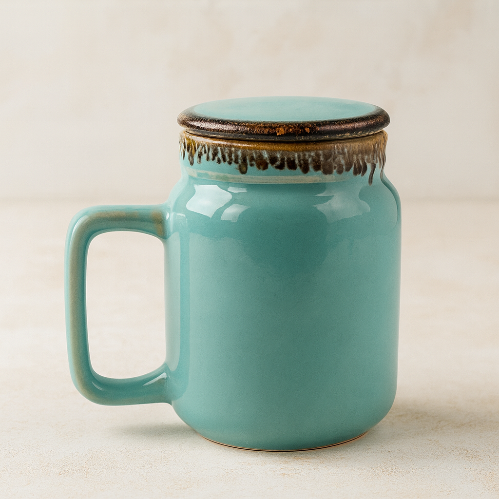 Mason Jar | Turquoise Ceramic Mug with Lid | 420ml