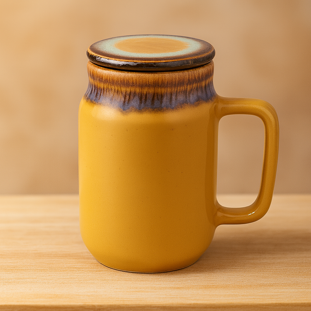 Mason Jar | Mustard Ceramic Mug with Lid | 420ml
