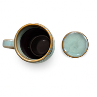 Premium Ceramic Mug with Lid | 350ml Blue Stoneware Coffee & Tea Cup | Ceramic Heat-Retention Lid | Microwave & Dishwasher Safe