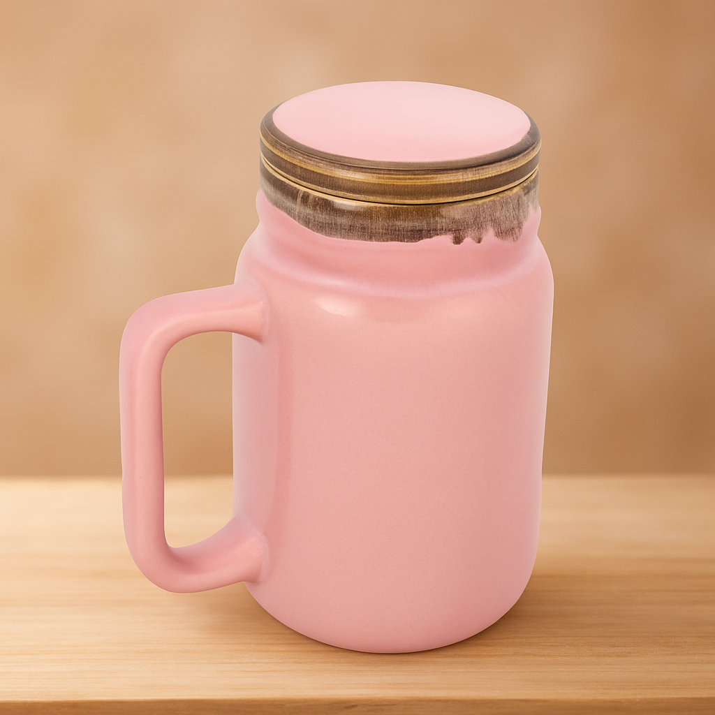 Mason Jar | Baby Pink Ceramic Mug with Lid | 420ml