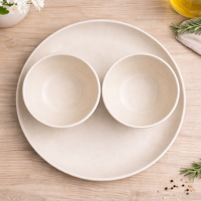 Ivory Ceramic Plate & Bowl Set | Minimal Serving Plate with 2 Bowls | Modern Dinnerware Set | Microwave & Dishwasher Safe
