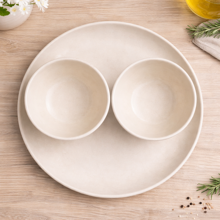 Ivory Ceramic Plate & Bowl Set | Minimal Serving Plate with 2 Bowls | Modern Dinnerware Set | Microwave & Dishwasher Safe