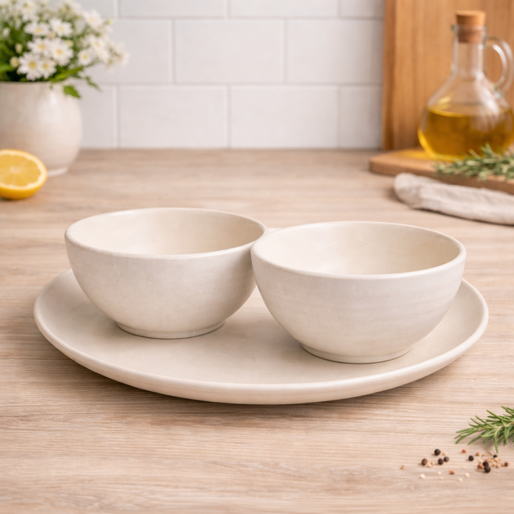 Ivory Ceramic Plate & Bowl Set | Minimal Serving Plate with 2 Bowls | Modern Dinnerware Set | Microwave & Dishwasher Safe