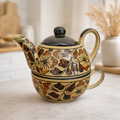 Beige Handpainted Floral Ceramic Tea Pot with Cup Set | Tea for One Teapot & Cup Combo