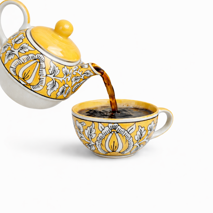 Yellow Mughal Handpainted Kettle Cup Set