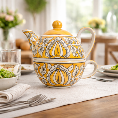 Yellow Mughal Handpainted Kettle Cup Set