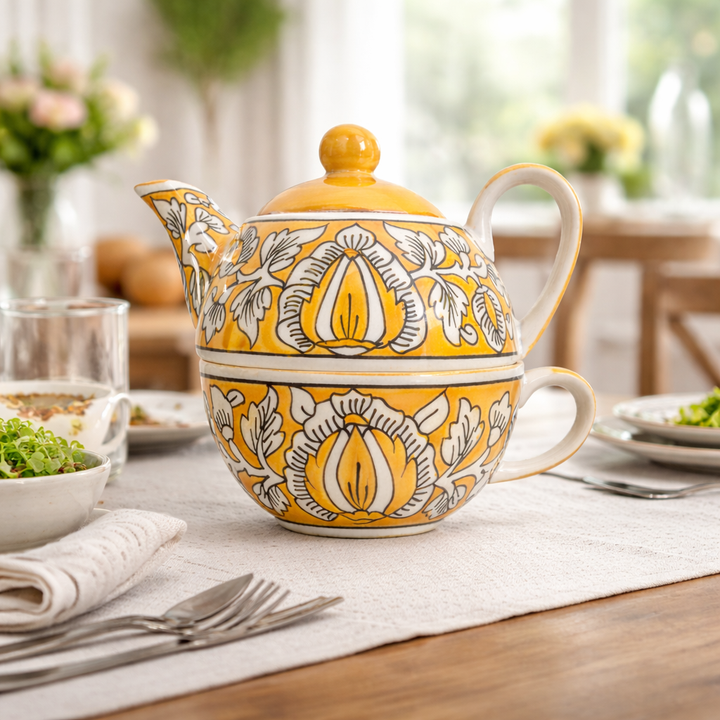 Yellow Mughal Handpainted Kettle Cup Set