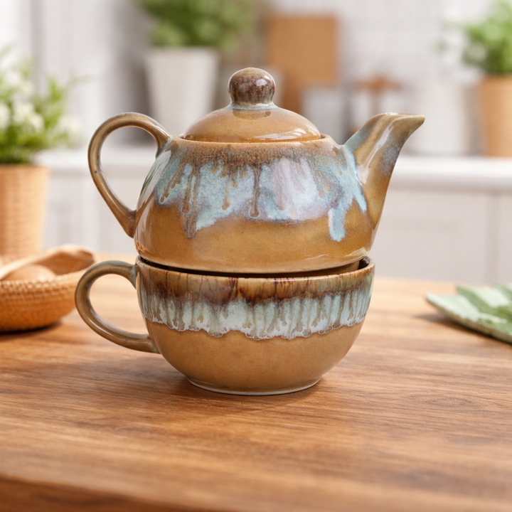 Rustic Drip Glaze Ceramic Tea Pot with Cup Set