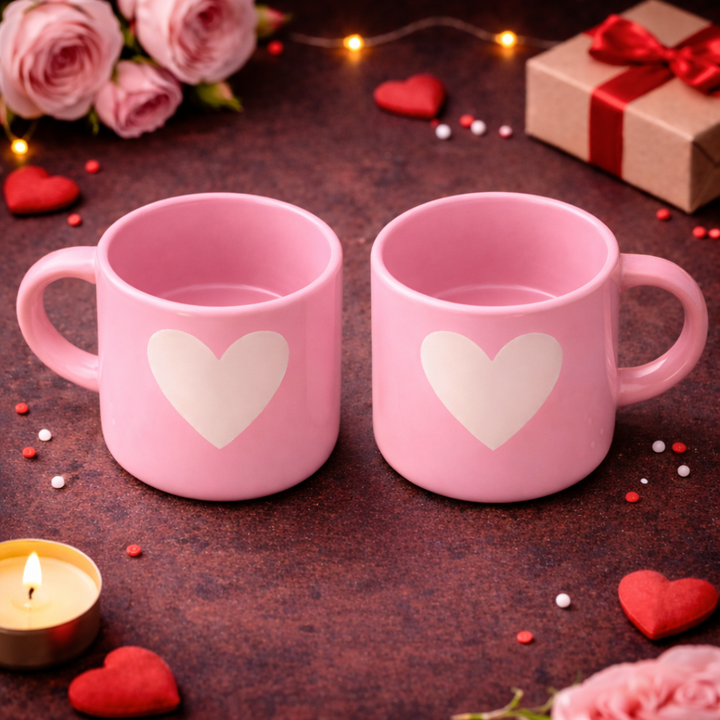 Pink Heart Ceramic Coffee Mug Set of 2 | Valentine Gift Mugs
