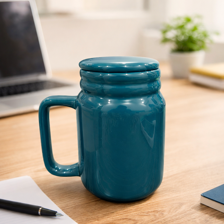 Teal Ceramic Mug with Lid | Gloss Finish Stoneware Coffee & Tea Mug