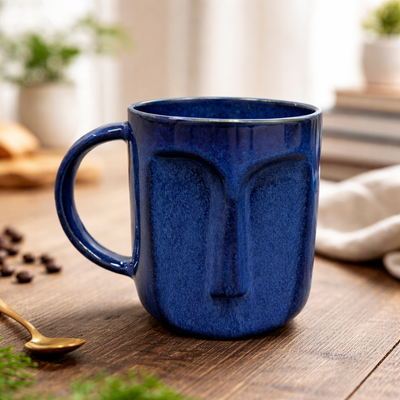 Blue Stone Face Ceramic Coffee Mug | Sculpted Stoneware Mug with Handle | Set of 1