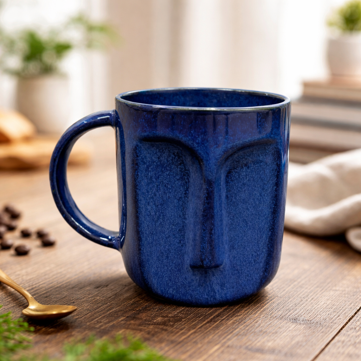 Blue Stone Face Ceramic Coffee Mug | Sculpted Stoneware Mug with Handle | Set of 1