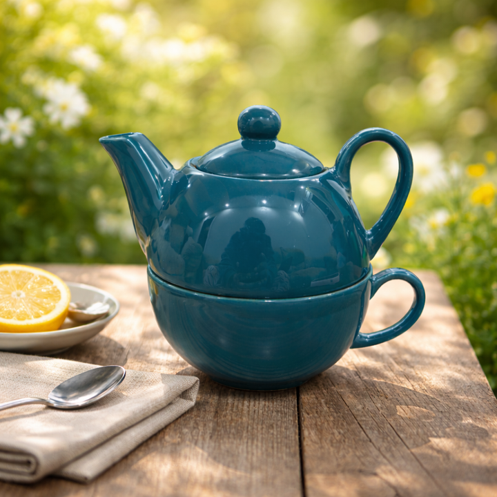 Teal Ceramic Teapot with Cup Set | Stackable Tea Pot & Cup Duo