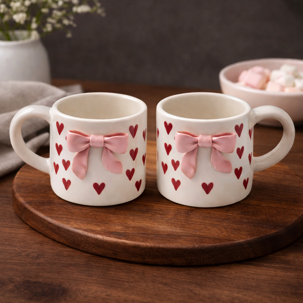 Bow & Heart Coffee Mugs | Set of 2