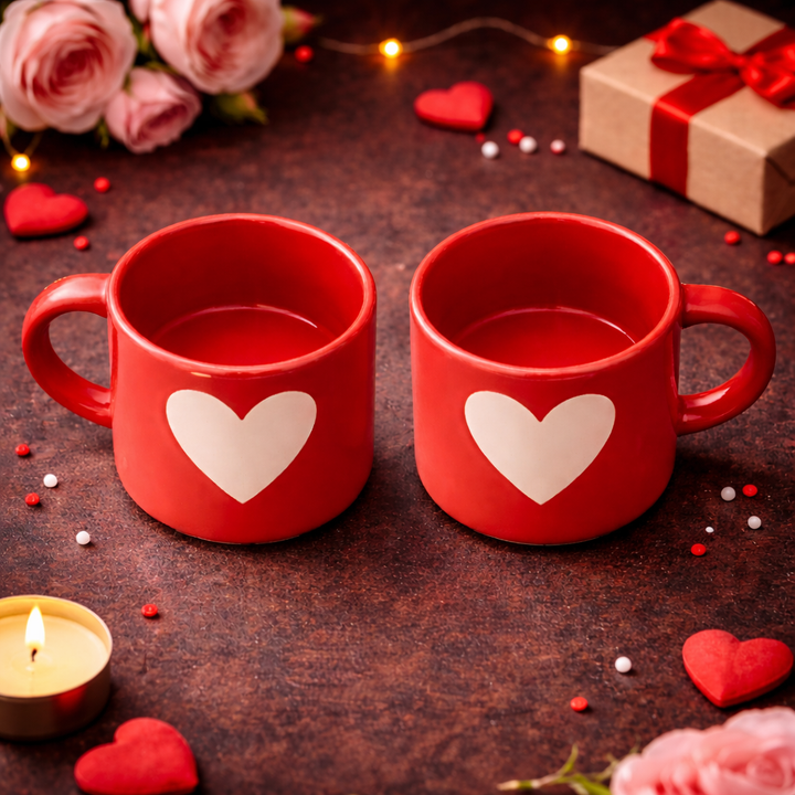 Red Coffee Mug with White Heart | Set of 2