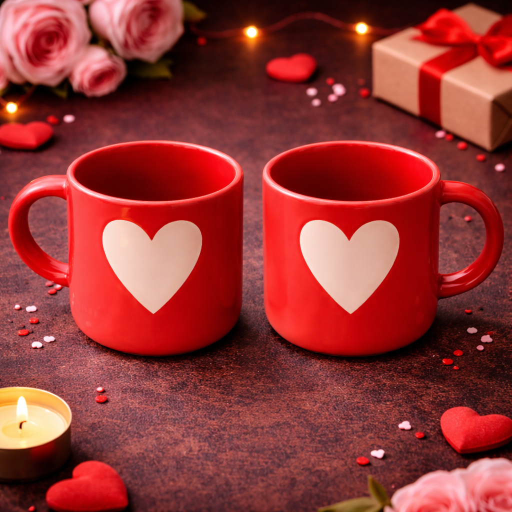 Red Coffee Mug with White Heart | Set of 2