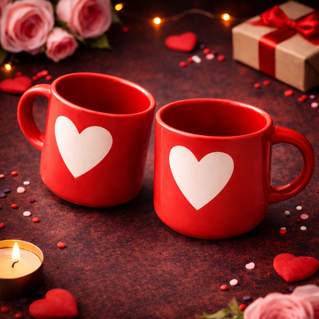 Red Coffee Mug with White Heart | Set of 2
