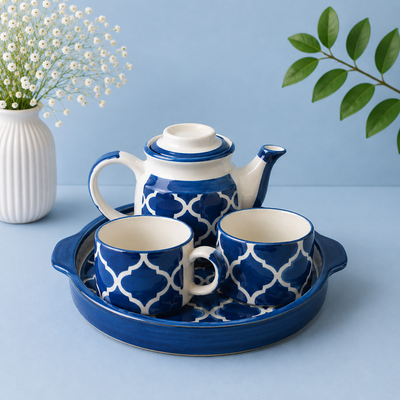 Athena Home Ceramic Tea Pot Set with 2 Cups & Serving Tray