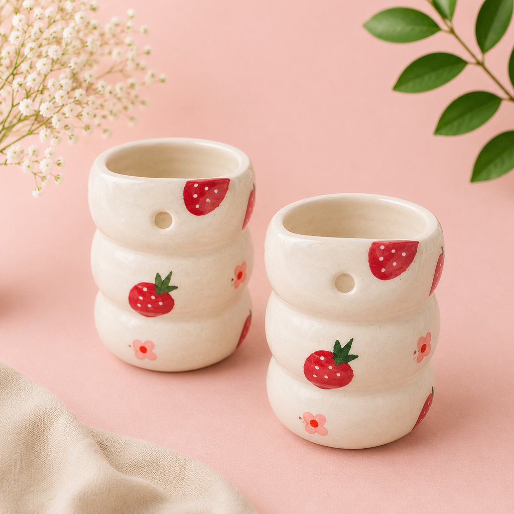 Athena Home Ceramic Coffee Mug Set of 2 | Hand-Painted Strawberry Design