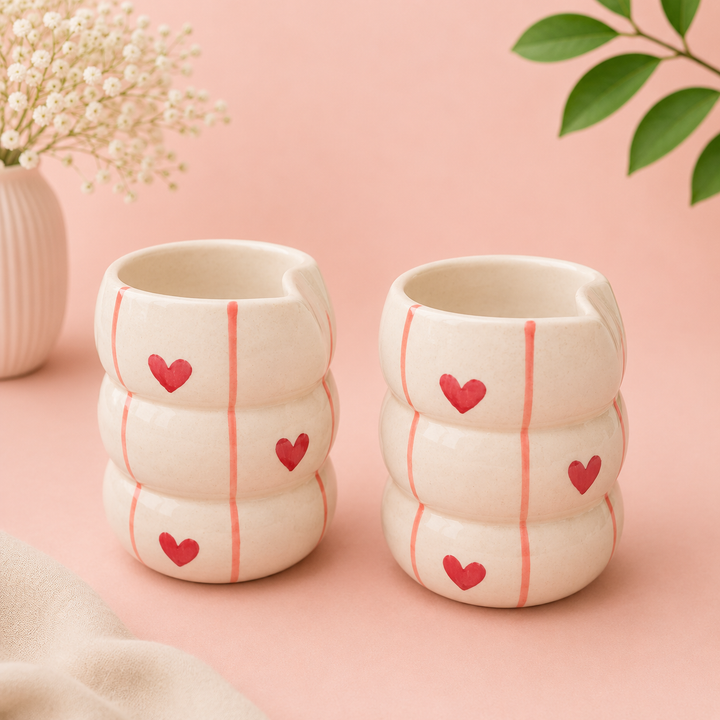 Athena Home Ceramic Coffee Mug Set of 2 | Heart Design Handmade Coffee Cups