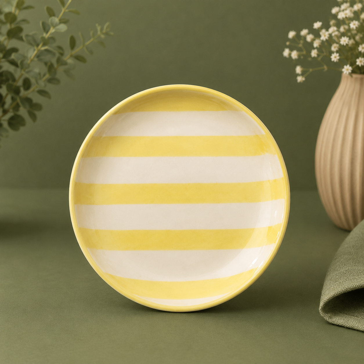 Athena Home Ceramic Tea Cup & Saucer Set of 2 | Yellow Striped Coffee Cups | Premium Ceramic Cup Set | 220 ml