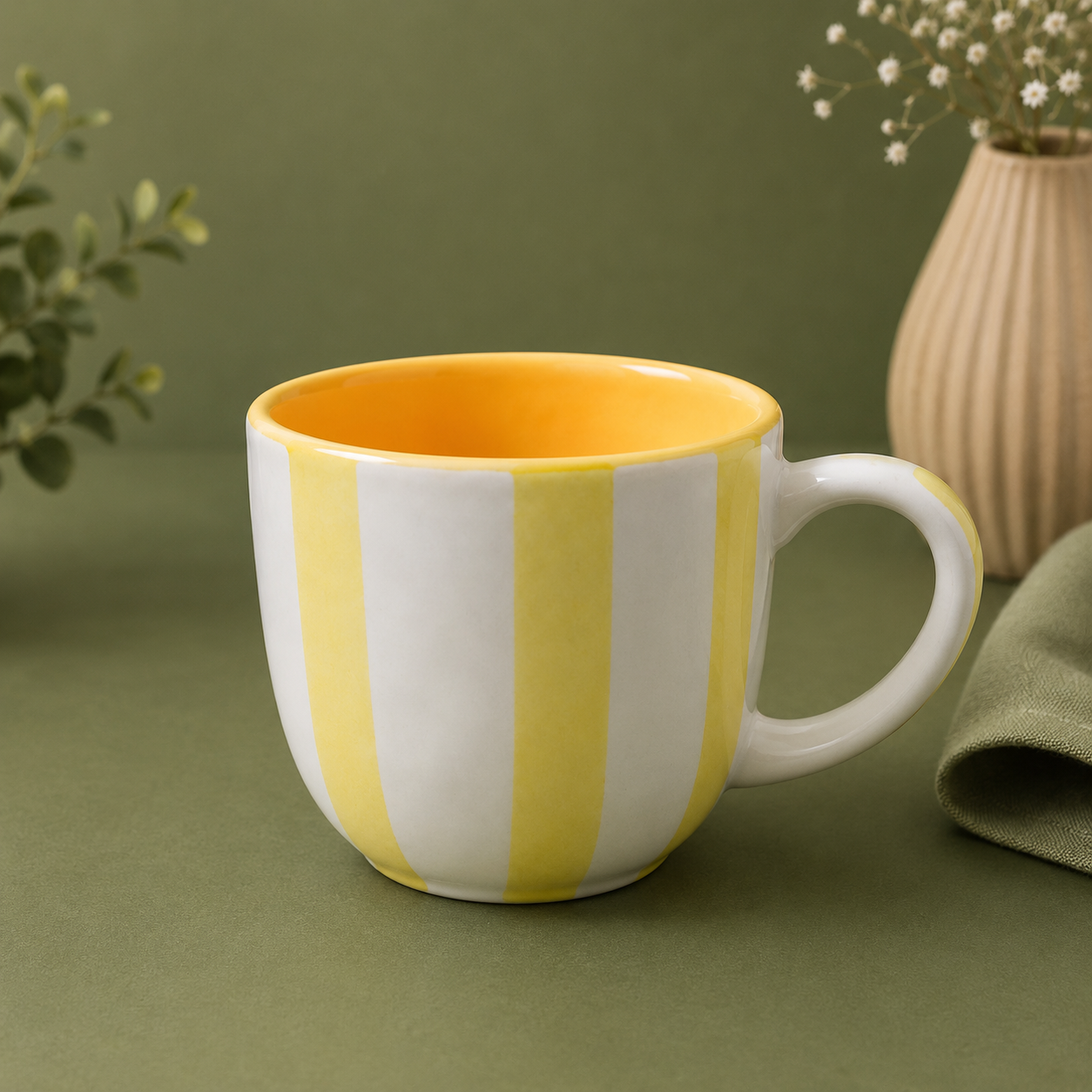 Athena Home Ceramic Tea Cup & Saucer Set of 2 | Yellow Striped Coffee Cups | Premium Ceramic Cup Set | 220 ml