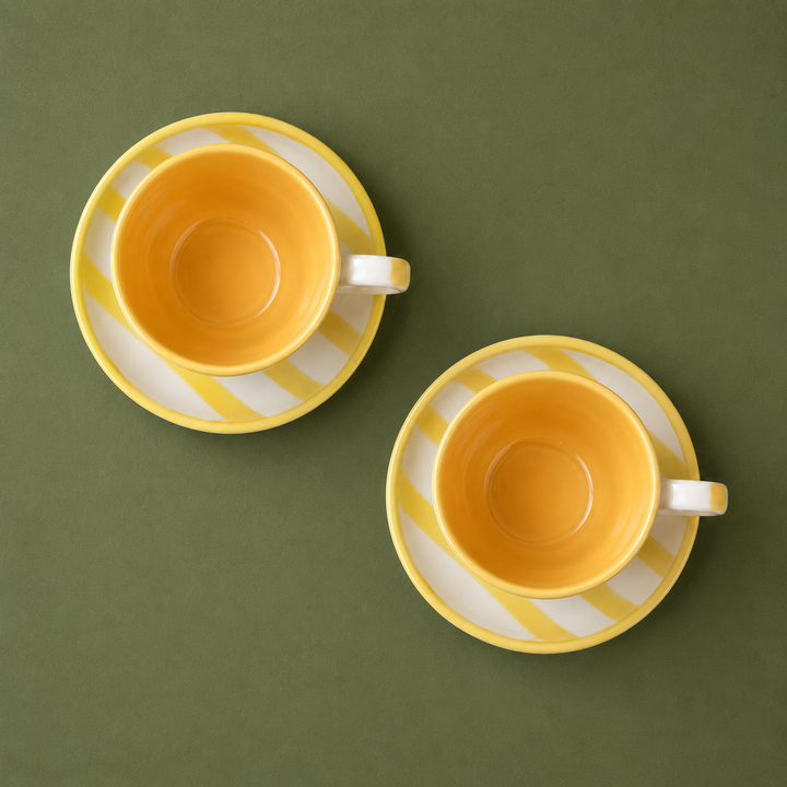 Athena Home Ceramic Tea Cup & Saucer Set of 2 | Yellow Striped Coffee Cups | Premium Ceramic Cup Set | 220 ml