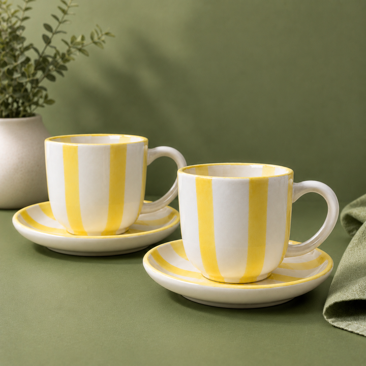 Athena Home Ceramic Tea Cup & Saucer Set of 2 | Yellow Striped Coffee Cups | Premium Ceramic Cup Set | 220 ml