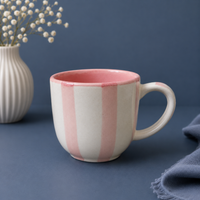 Athena Home Ceramic Tea Cup & Saucer Set of 2 | Pink Striped Coffee Cups | Premium Ceramic Cup Set | 220 ml