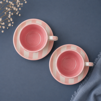 Athena Home Ceramic Tea Cup & Saucer Set of 2 | Pink Striped Coffee Cups | Premium Ceramic Cup Set | 220 ml