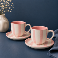 Athena Home Ceramic Tea Cup & Saucer Set of 2 | Pink Striped Coffee Cups | Premium Ceramic Cup Set | 220 ml