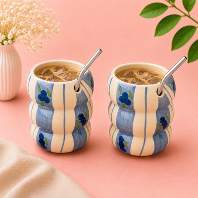 Athena Home Ceramic Coffee Mug Set of 2 | Handpainted Blue Floral Mug | Premium Tea & Coffee Cups | 300 ml
