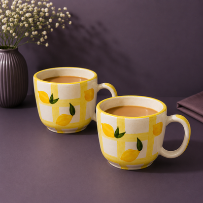 Athena Home Ceramic Coffee Mug Set of 2 | Handpainted Lemon Coffee Cups | 300 ml