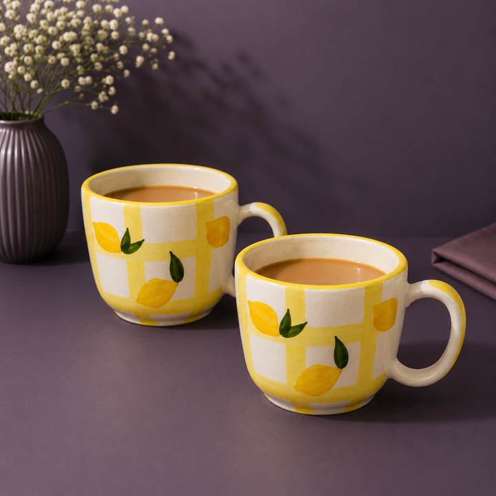 Athena Home Ceramic Coffee Mug Set of 2 | Handpainted Lemon Coffee Cups | 300 ml