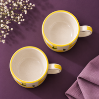 Athena Home Ceramic Coffee Mug Set of 2 | Handpainted Lemon Coffee Cups | 300 ml