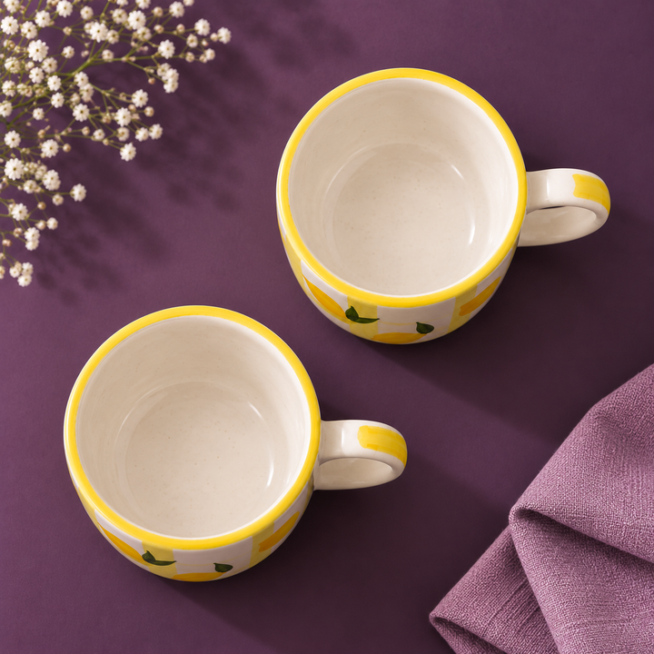 Athena Home Ceramic Coffee Mug Set of 2 | Handpainted Lemon Coffee Cups | 300 ml
