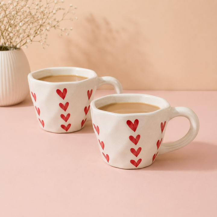 Athena Home Ceramic Coffee Mug Set of 2 | Handpainted Red Heart Mug | 300 ml