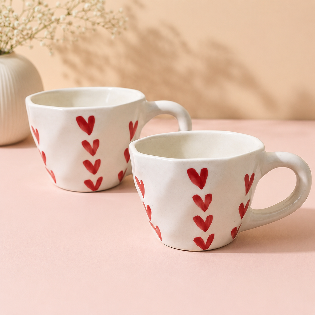 Athena Home Ceramic Coffee Mug Set of 2 | Handpainted Red Heart Mug | 300 ml