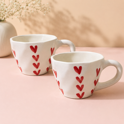 Athena Home Ceramic Coffee Mug Set of 2 | Handpainted Red Heart Mug | 300 ml
