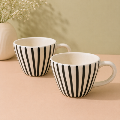 Athena Home Ceramic Coffee Mug Set of 2 | Black Striped Coffee Cups | 300 ml