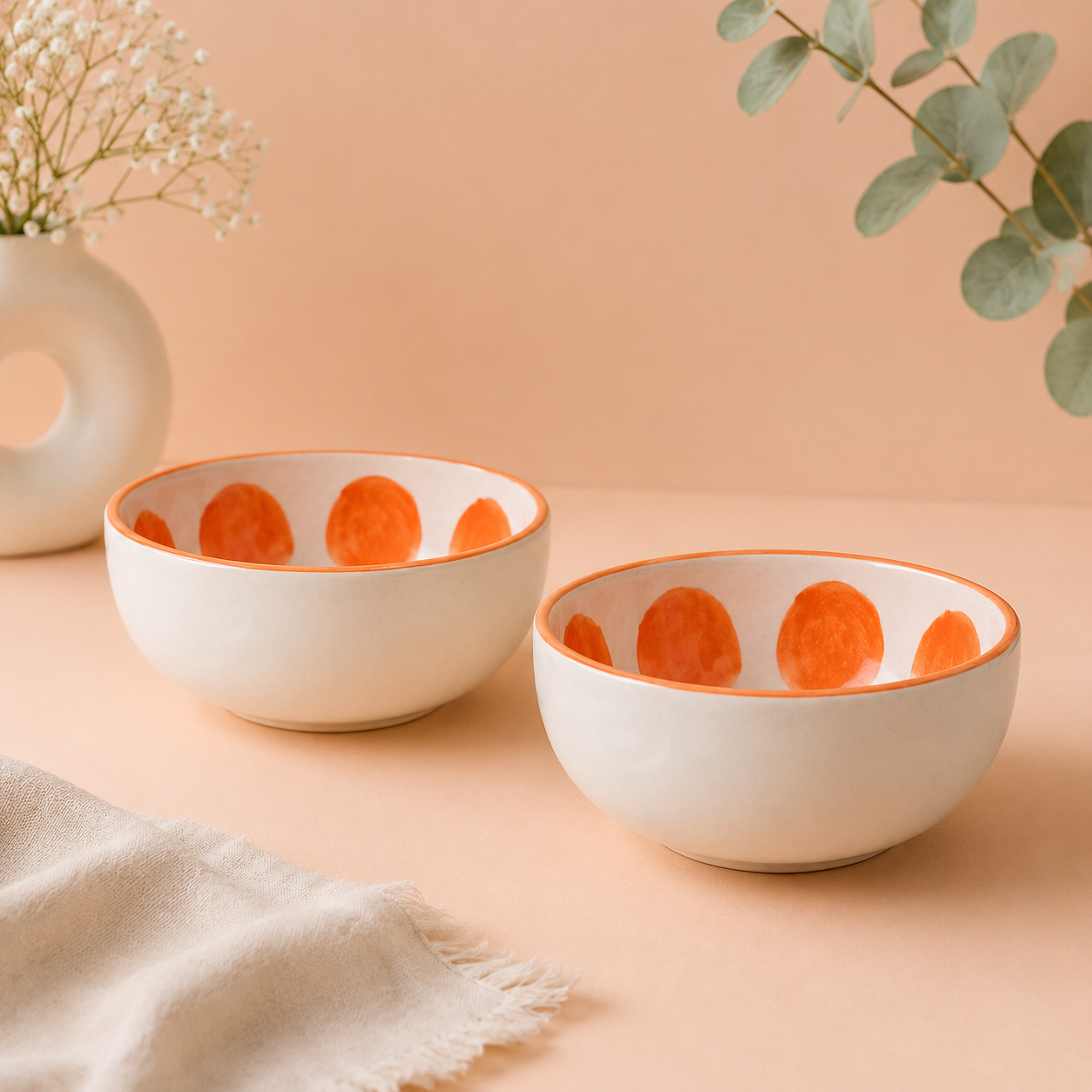 Athena Home Ceramic Bowl Set of 2 | Handpainted Orange Dessert & Snack Bowls | Premium Serving Bowls | 400 ml