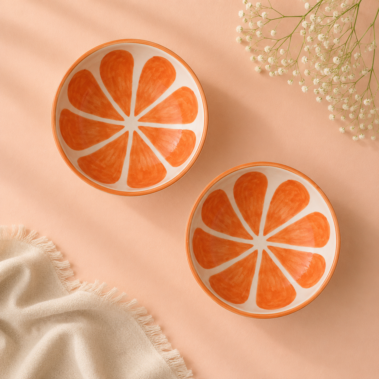 Athena Home Ceramic Bowl Set of 2 | Handpainted Orange Dessert & Snack Bowls | Premium Serving Bowls | 400 ml