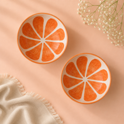 Athena Home Ceramic Bowl Set of 2 | Handpainted Orange Dessert & Snack Bowls | Premium Serving Bowls | 400 ml