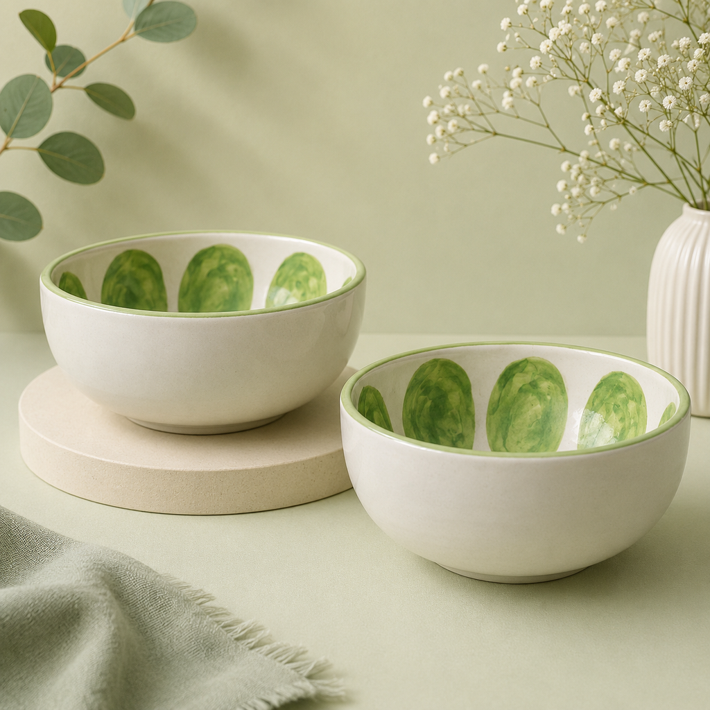 Athena Home Ceramic Bowl Set of 2 | Handpainted Green Olive Dessert & Snack Bowls | Premium Serving Bowls | 400 ml